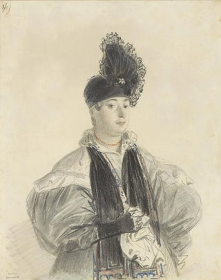 Denis Auguste Marie Raffet - Portret van een staande dame met zwarte shawl en zwarte hoed.webp