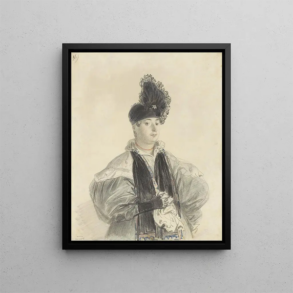 Portret kobiety stojącej w czarnym szalu i czarnym kapeluszu - Denis Auguste Marie Raffet — oprawiony obraz na ścianie