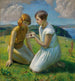 dwóch młodych dziewcząt z motylem - Harold Harvey — widok dzieła