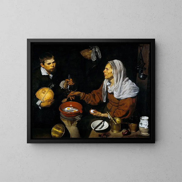 Stara kobieta gotująca jajka - Diego Velázquez — oprawiony obraz na ścianie