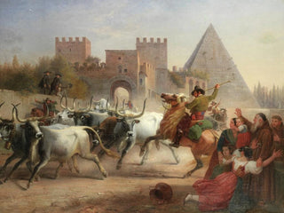 Przewóz bydła przed Porta San Paolo i piramidą Cestius w Rzymie - Dietrich Wilhelm Lindau — widok dzieła
