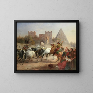 Przewóz bydła przed Porta San Paolo i piramidą Cestius w Rzymie - Dietrich Wilhelm Lindau — oprawiony obraz na ścianie