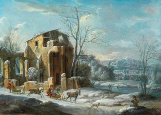 Dirck Maas - A winter landscape with an elegant company on sleighs drawn by horses.webp