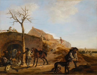 Dirk Stoop - A Landscape With Sportsmen Preparing For The Hunt Together With Their Hounds And Horses.webp