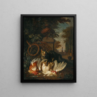 Dirk Valkenburg - A cat attacking chickens by a basket a rake and a knife.webp