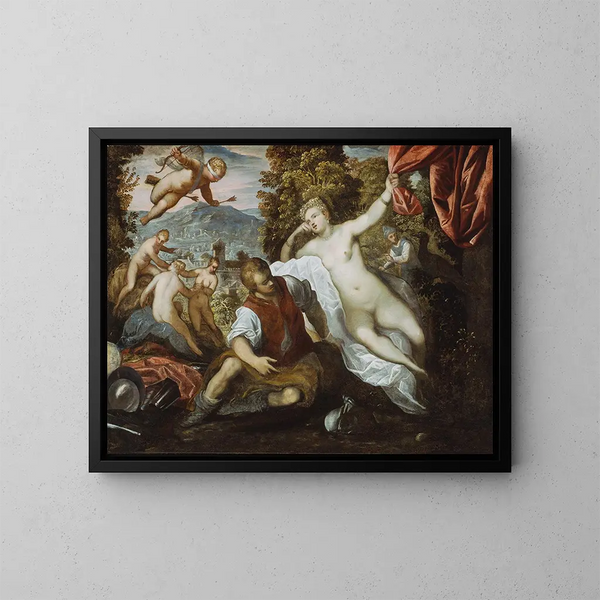 Wenus i Mars z Kupidynem i Trzema Gracją w krajobrazie - Domenico Tintoretto — oprawiony obraz na ścianie