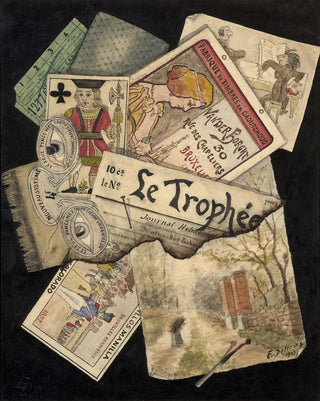 E Delcroix - Trompe lil of playing cards matches posters and watercolour landscapes.webp