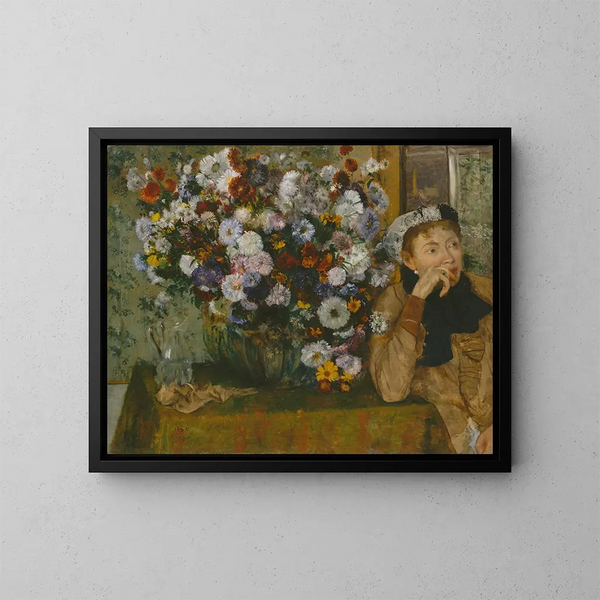 Kobieta siedząca obok wazonu z kwiatami - Edgar Degas — oprawiony obraz na ścianie