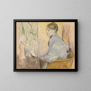 Madame Henri Rouart na fotelu przed małym stołem z figurką Tanagra - Edgar Degas — oprawiony obraz na ścianie