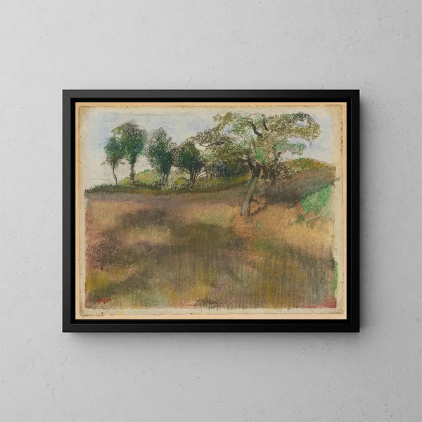 z polem uprawnym otoczonym drzewami - Edgar Degas — oprawiony obraz na ścianie