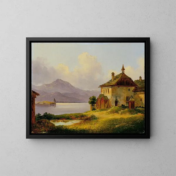 Dom przy jeziorze nad jeziorem w Salzkammergut - Edmund Mahlknecht — oprawiony obraz na ścianie