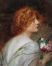 Widok z tyłu młodej kobiety w profilu z bukietem róż w rękach - Eduard Veith — widok dzieła
