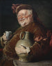Falstaff przy stole z dzbankiem na wino i kuflem z miedzi - Eduard von Grützner — widok dzieła