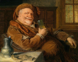 Falstaff z dzbankiem ze stopu cynowego i kieliszkiem wina - Eduard von Grützner — widok dzieła