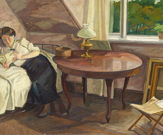 wnętrza z kobietą czytającą - Edvard Weie — widok dzieła