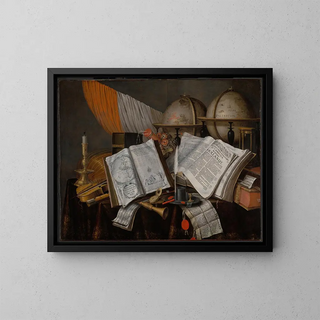 Edwaert Collier - A Vanitas Still Life with a Flag Candlestick Musical Instruments Books Writing Paraphernalia Globes and Hourglass.webp