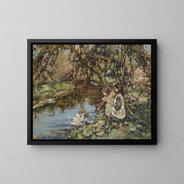 Karmienie łabędziami - Edward Atkinson Hornel — oprawiony obraz na ścianie