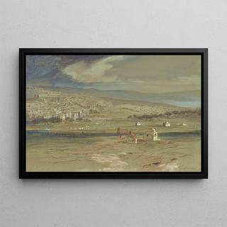 Edward Lear - A view of the city of Hebron with camels and figures in the foreground.webp