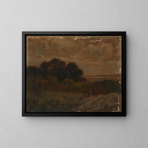 pejzaż bez tytułu z dwiema kobietami leżącymi na skałach - Edward Mitchell Bannister — oprawiony obraz na ścianie