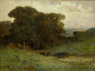 Scena leśna bez tytułu z mostem i krowami w strumieniu na pierwszym planie - Edward Mitchell Bannister — widok dzieła