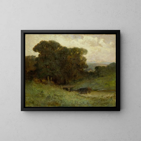 Scena leśna bez tytułu z mostem i krowami w strumieniu na pierwszym planie - Edward Mitchell Bannister — oprawiony obraz na ścianie