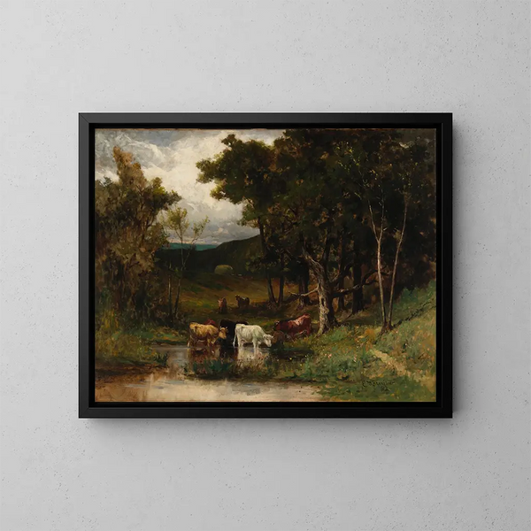 pejzaż bez tytułu z krowami w strumieniu w pobliżu drzew - Edward Mitchell Bannister — oprawiony obraz na ścianie