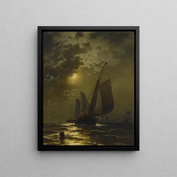 Łodzie rybackie w świetle księżyca - Edward Moran — oprawiony obraz na ścianie