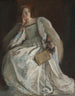Dama w białym siedząca, prawa ręka pod brodą, trzymająca wachlarz - Edwin Austin Abbey — widok dzieła