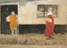 Studium sceny ulicznej mężczyzny przy drzwiach kobiety w czerwonej sukni - Edwin Austin Abbey — widok dzieła