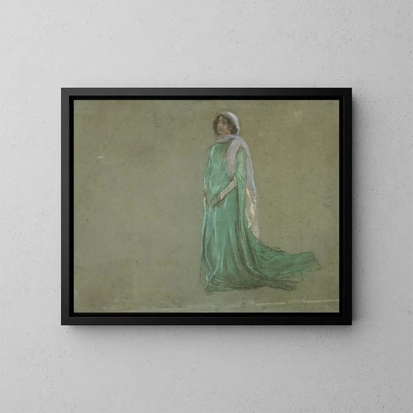 Studium kobiety w długiej zielonej sukni i różowym szaliku - Edwin Austin Abbey — oprawiony obraz na ścianie