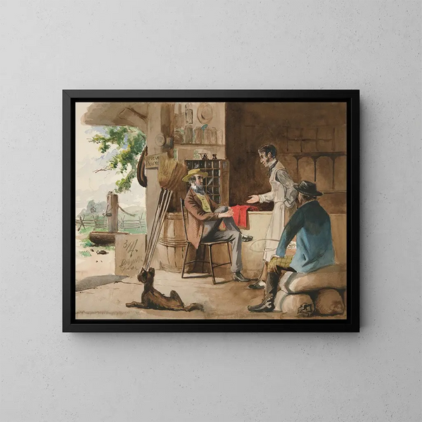Trzech mężczyzn w sklepie z produktami suchymi w Dolbyville - Edwin Austin Abbey — oprawiony obraz na ścianie