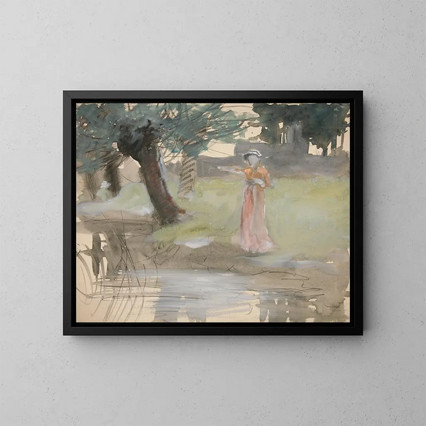 Kobieta stojąca nad brzegiem rzeki - Edwin Austin Abbey — oprawiony obraz na ścianie