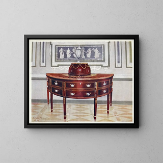 półkolistego bufetu z palisandru i skrzynki na noże z marquetry i forniru z drewna satynowego, palisandru i hebanu - Edwin Foley — oprawiony obraz na ścianie