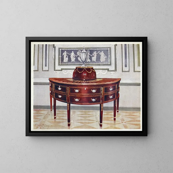 półkolistego bufetu z palisandru i skrzynki na noże z marquetry i forniru z drewna satynowego, palisandru i hebanu - Edwin Foley — oprawiony obraz na ścianie
