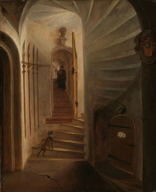 Egbert van der Poel - Portal of a stairway tower with a man descending the stairs presumably the moment before the assassination of William the Silent in the Ptinsenhof Delft.webp