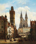Widok na Stare Miasto w Pradze z kościołem Notre-Dame-de-l'Assomption i zegarem astronomicznym - Émile Pierre Joseph de Cauwer — widok dzieła
