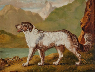 English School - A longhaired dog by a mountain lake.webp