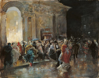 Przybycie do teatru w noc balu maskowego - Eugenio Lucas Villamil — widok dzieła