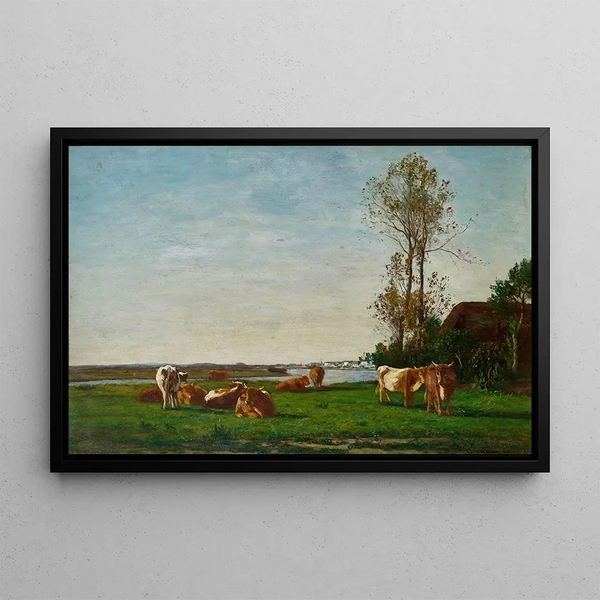 Chaumière i pastwisko nad brzegami Touques - Eugène Boudin — oprawiony obraz na ścianie