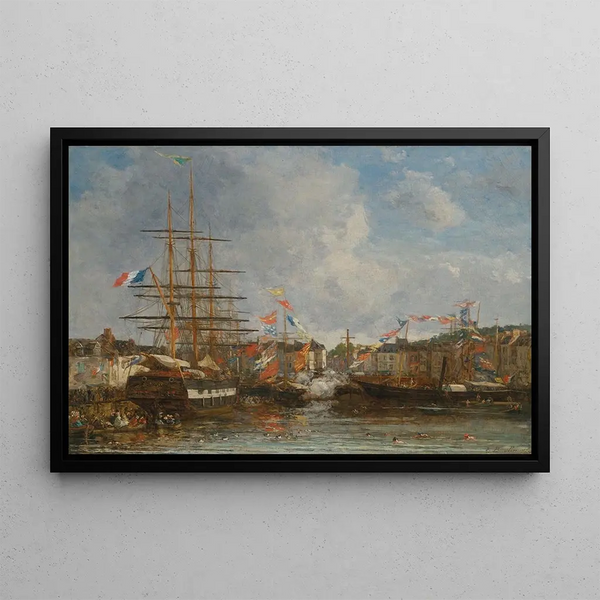 Święto w basenie Honfleur - Eugène Boudin — oprawiony obraz na ścianie