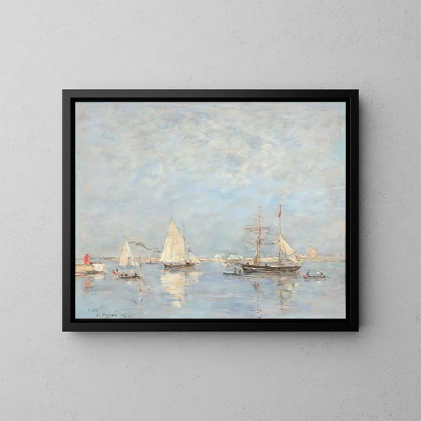 Wypłynięcie łodzi w Saint-Vaast-la-Hougue - Eugène Boudin — oprawiony obraz na ścianie