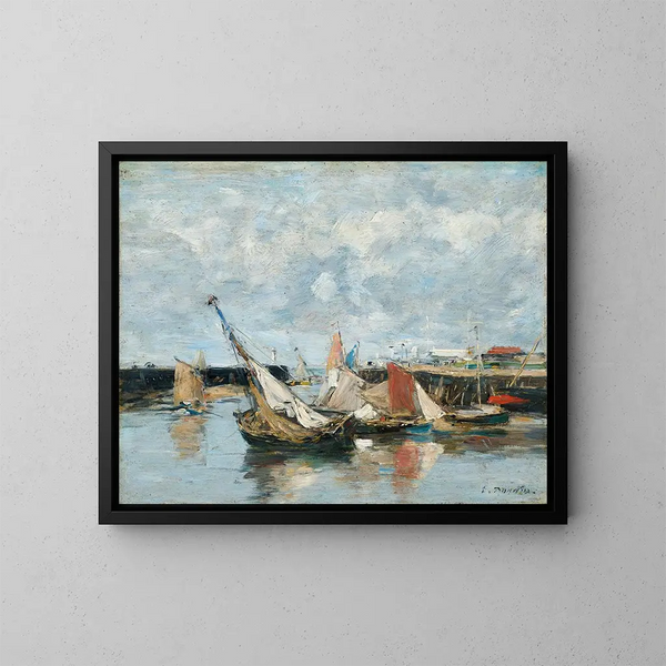 Łodzie w Trouville, przypływ niskiego poziomu - Eugène Boudin — oprawiony obraz na ścianie