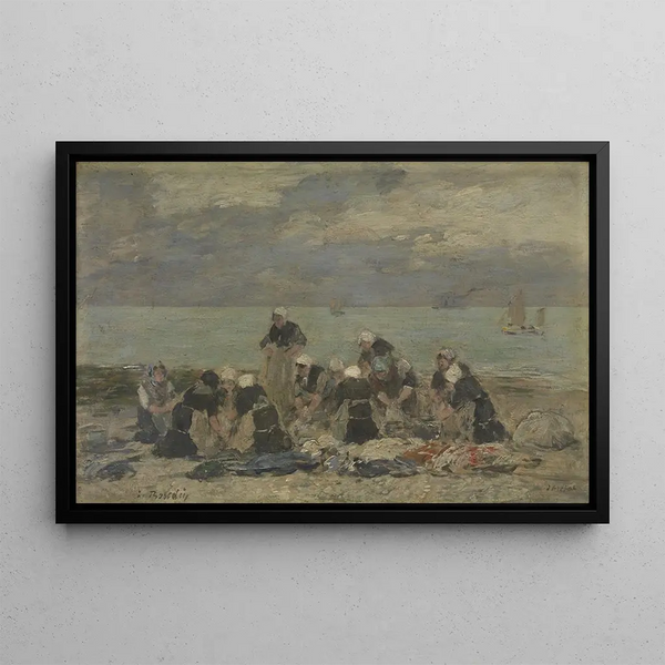 Kobiety piorące na plaży w Étretat - Eugène Boudin — oprawiony obraz na ścianie