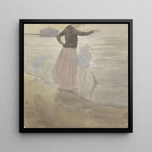Femme avec deux enfants et un petit chien sur la plage - Johan Antonie de Jonge