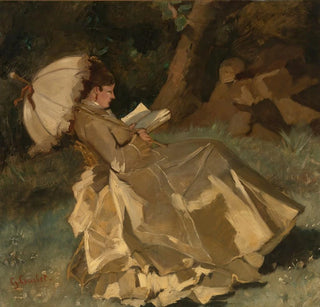 Femme tenant un parapluie - École française