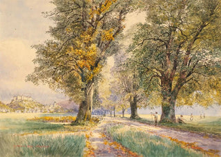 Ferdinand Mhlbacher - Hellbrunn alley in Salzburg the fortress Hohensalzburg in the background.webp