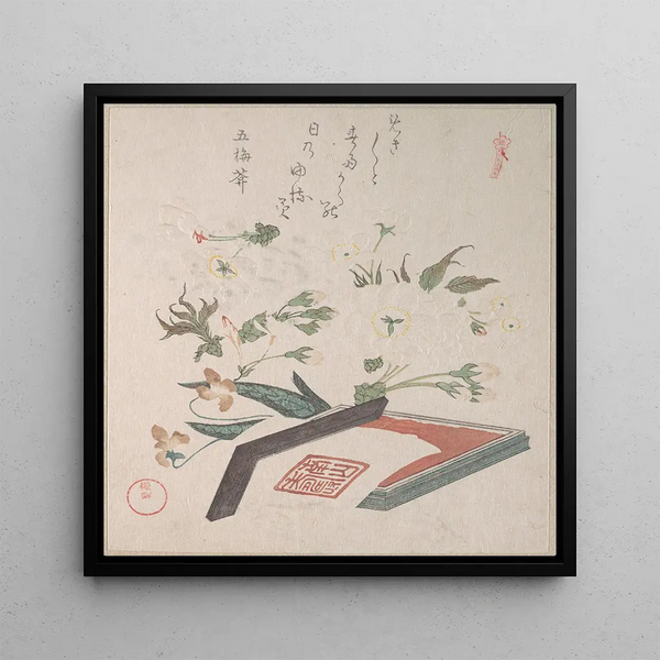 Fleurs de cerisier et boîte à sceau avec encre et règle - Kubo Shunman