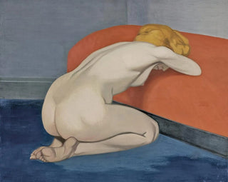 Flix Vallotton - Naked Woman Kneeling In Front of a Red Couch.webp