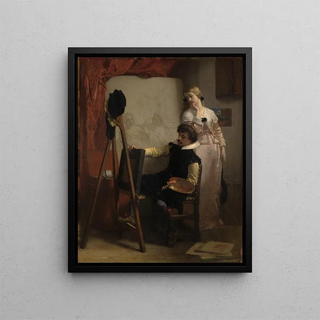 Florent Willems - Een schilder voor zijn ezel toont een schilderij aan een meisje.webp