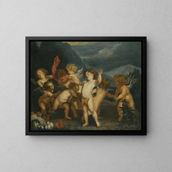Putti w pejzażu - Szkoła Antoine van Dyck — oprawiony obraz na ścianie